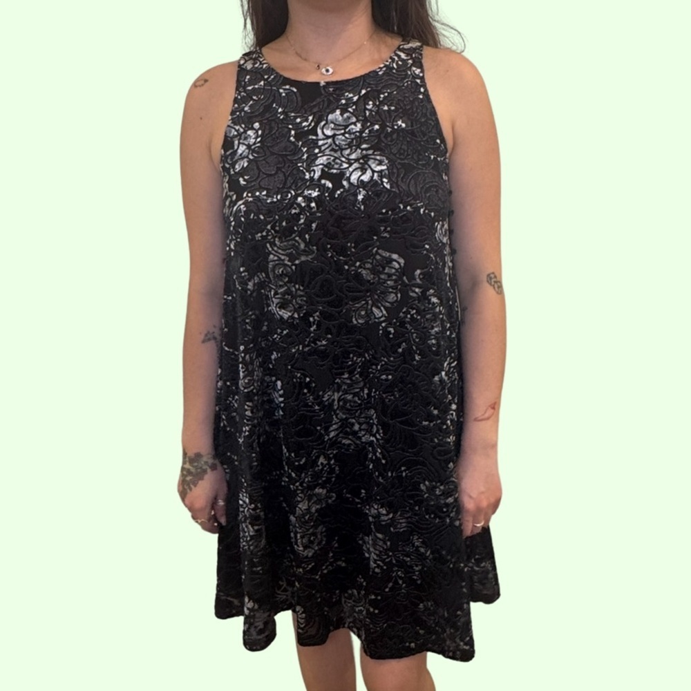 Adrienne Vittadini Black and Silver Crushed Velvet Dress
